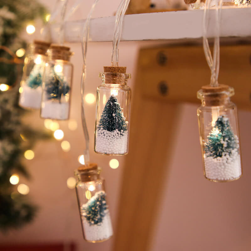 Lumière de chaîne décorative à LED de Noël avec bouteille à souhaits, arbre, neige et boîtier à piles 