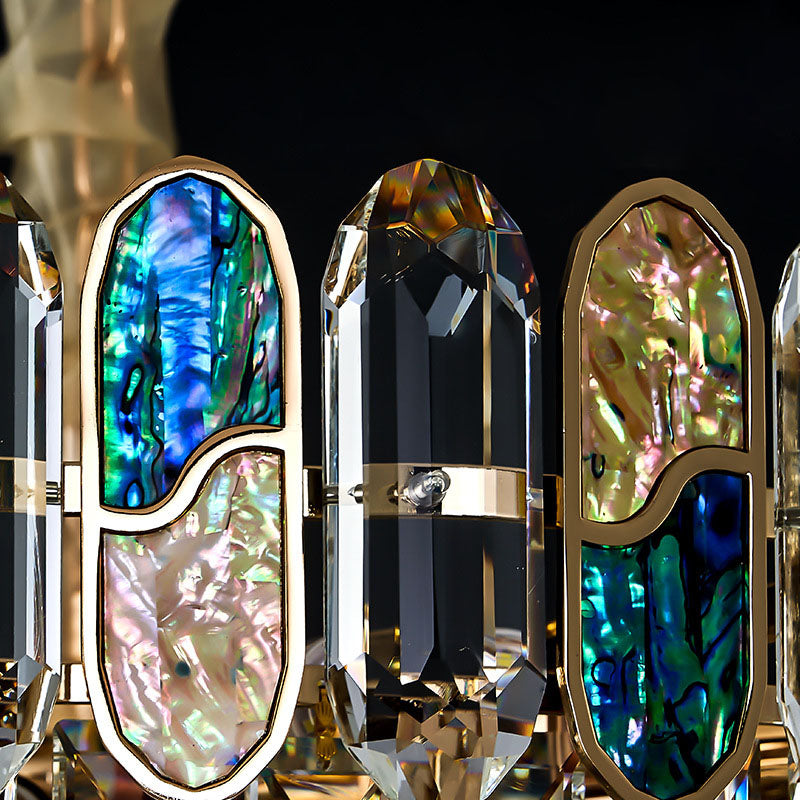 Lustre moderne de luxe avec ornementation de coquillage et abat-jour en cristal à niveaux 11/12/15/21/28 lumières pour le salon 
