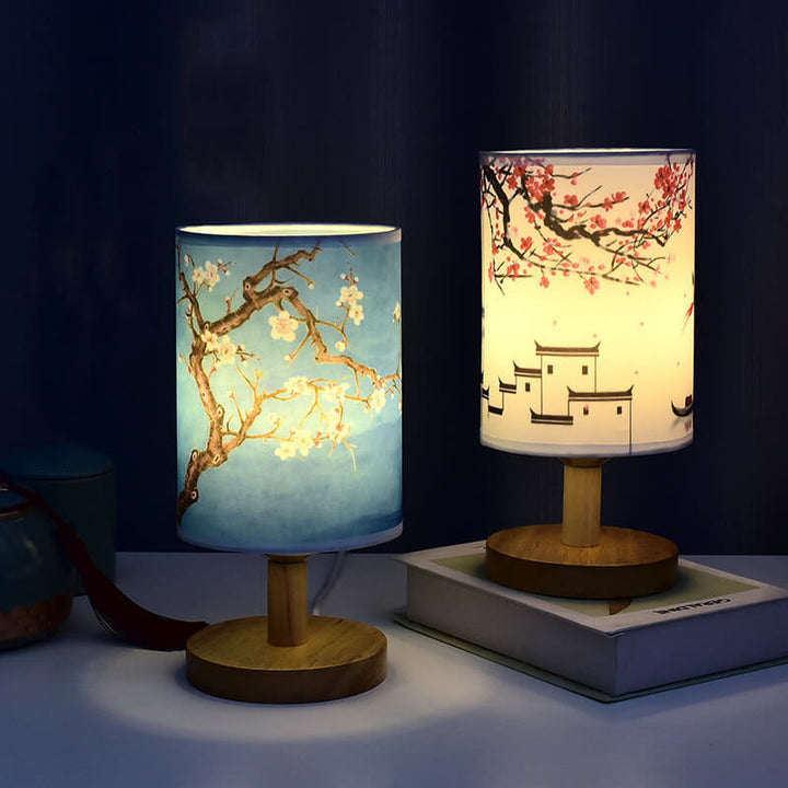 Lampe de table LED en bois de paysage de colonne de tissu minimaliste moderne 