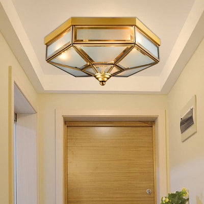 Traditional European Polygonal All Copper Glass 3/4 Light Flush Mount Ceiling Light For Living Room