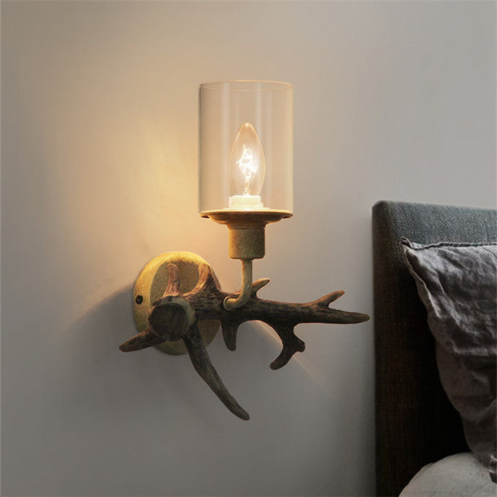 Contemporary Industrial Antler Resin Glass Cylinder 1-Light Wall Sconce Lamp For Living Room &amp; Bedroom