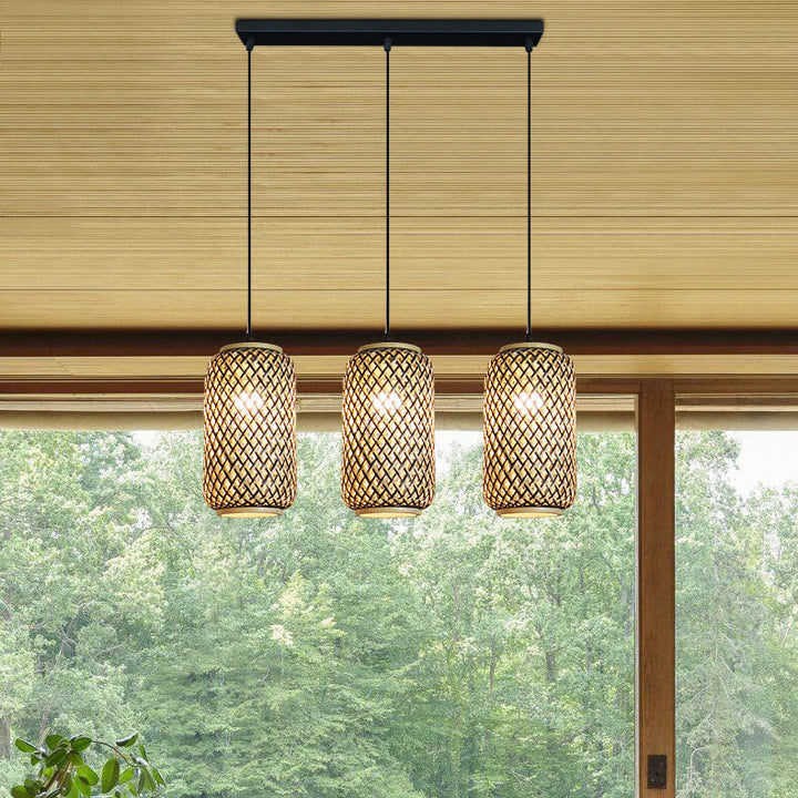 Lámpara colgante lineal de 3 luces con columna de bambú y hierro, estilo moderno minimalista, para comedor 