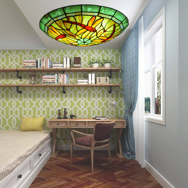 European Style Tiffany Dragonfly Stained Glass LED Flush Mount Lighting
