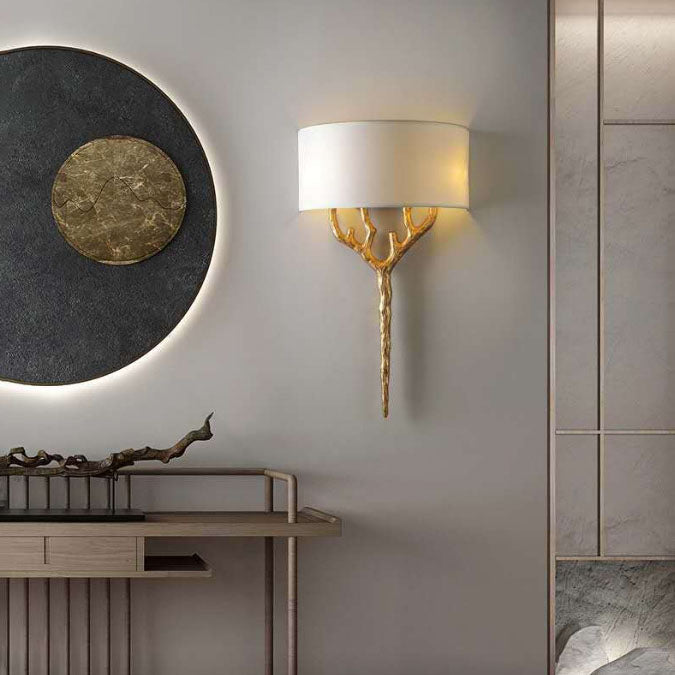 Aplique de pared de 2 luces con ramas de cobre y tela estilo Europa tradicional para sala de estar y dormitorio 