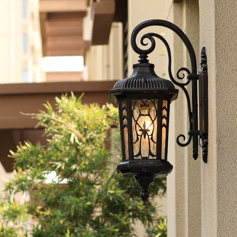 European Outdoor Carved Cage Aluminum Glass 1-Light Wall Sconce Lamp