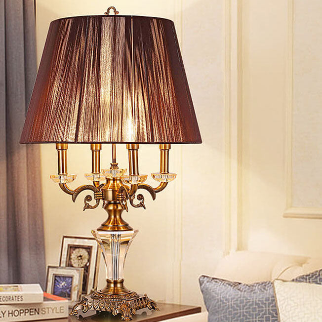 Lampe de table moderne avec abat-jour en tissu de luxe, base en cristal, 3/4 lumières 