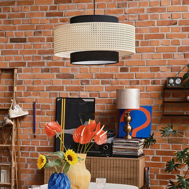 Traditional Vintage PE Rattan Weaving Fabric Round Drum 1-Light Pendant Light For Dining Room