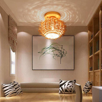 Modern Minimalist Creative Bamboo Weaving Flush Mount Ceiling Lamp