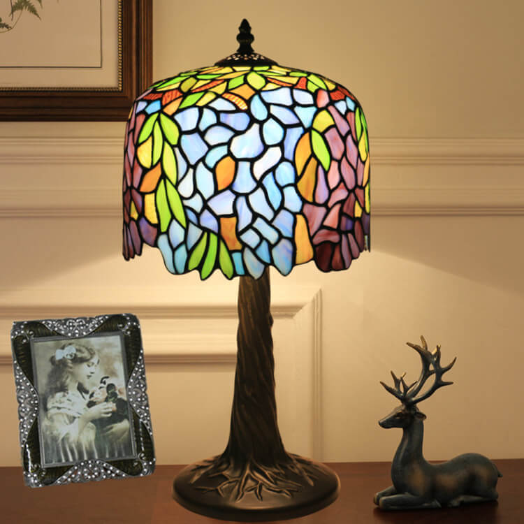 Abat-jour cylindrique en verre coloré Tiffany Fleur 1 lumière pour lampe de table 
