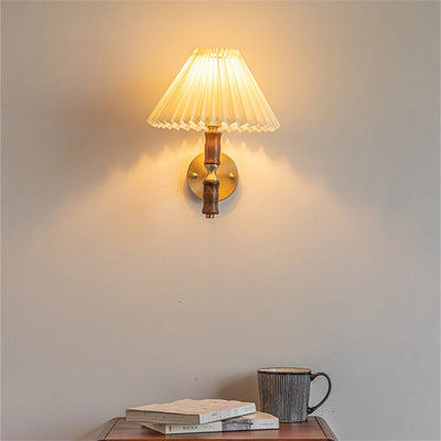 Japanese Vintage Walnut Pleated Umbrella 1-Light Wall Sconce Lamp