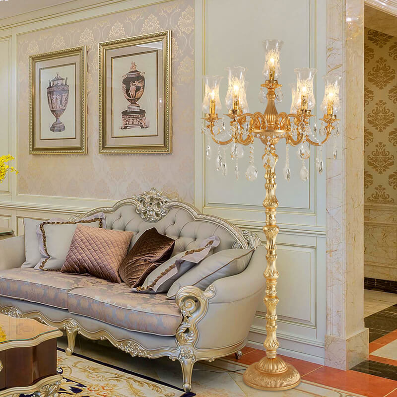 Traditional Luxury Golden Crystal Zinc Alloy Candle Holder 7-Light Standing Floor Lamp For Bedroom