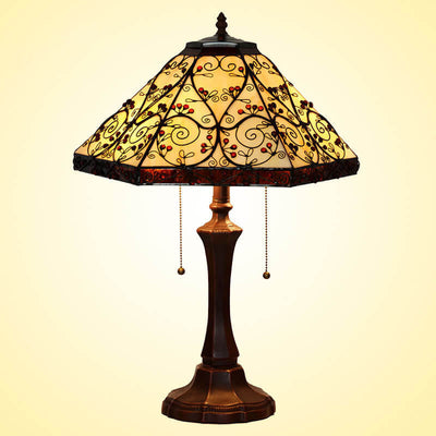 Lampe de Table à 2 Lumières en Verre Coloré Hexagonal à Motif Vigne de Tiffany Européen 