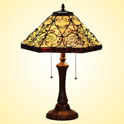 European Tiffany Hexagonal Vine Stained Glass 2-Light Table Lamp