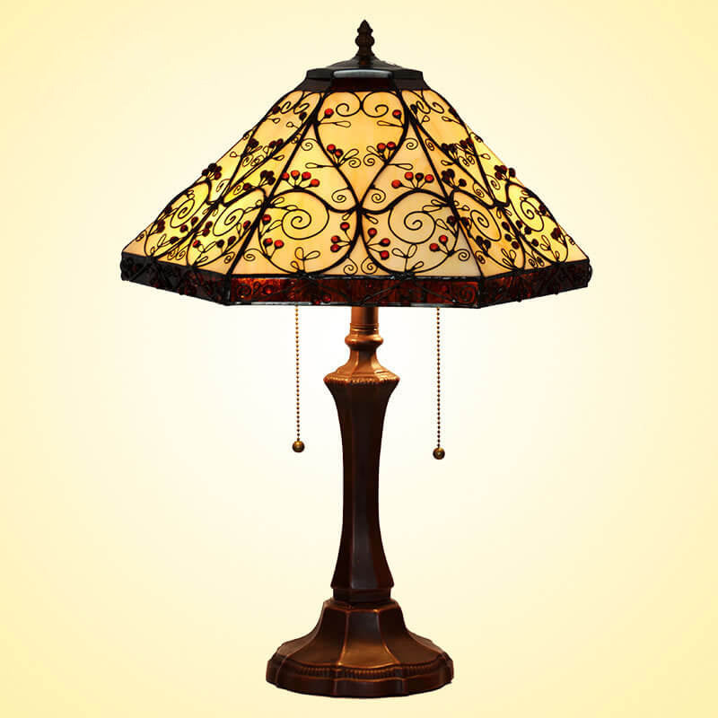 Lampe de Table à 2 Lumières en Verre Coloré Hexagonal à Motif Vigne de Tiffany Européen 