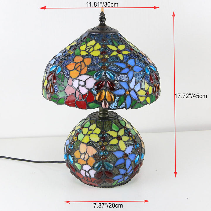 Traditional Tiffany Copper Glass Resin Floral Beads Round Base 2-Light Table Lamp For Bedroom