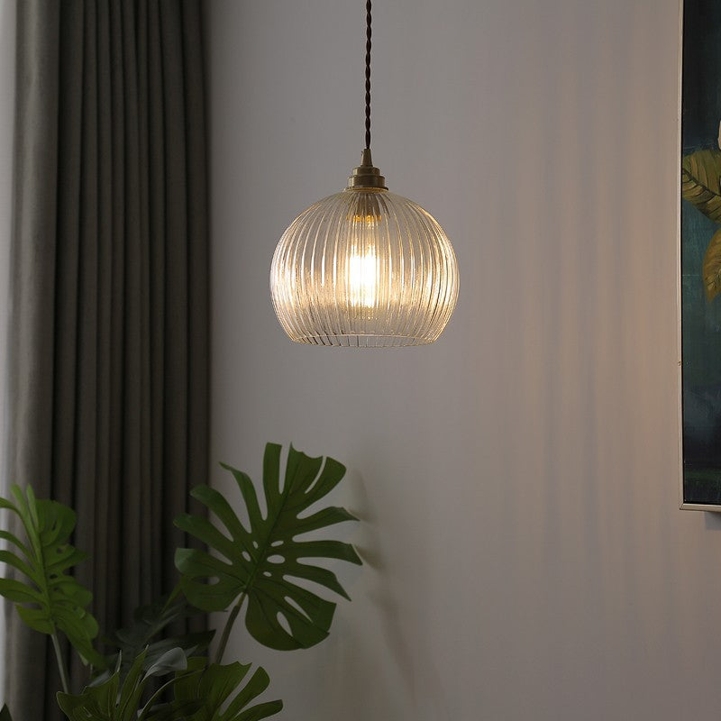 Modern Simplicity Ribbed Glass Semicircle Shade Copper 1-Light Pendant Light For Living Room