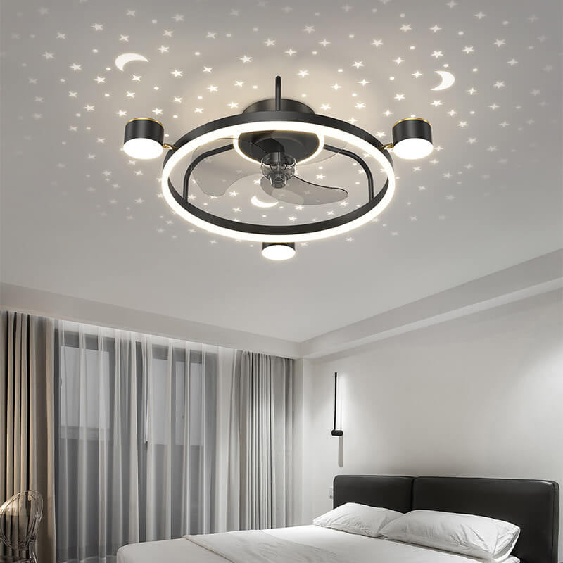 Modern Luxury Round Starry Sky Projection LED Flush Mount Ceiling Fan Light