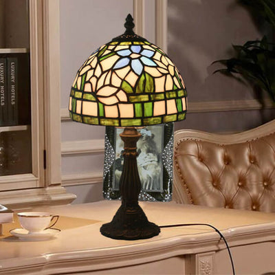 European Tiffany Grass Flower Stained Glass Dome 1-Light Table Lamp