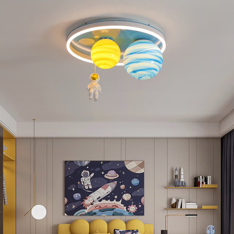 Astronaut Planet Round Kids Flush Mount Ceiling Light