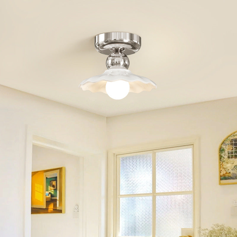 Lustre de plafond semi-encastré moderne en céramique avec dentelle ronde crème à 1 lumière 