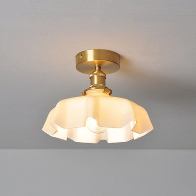 Japanese Vintage Cream Glass Floral Brass 1-Light Semi-Flush Mount Ceiling Light