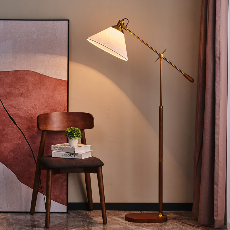 Traditional Vintage Fabric Cone Metal Ash Wood 1-Light Standing Floor Lamp For Bedroom