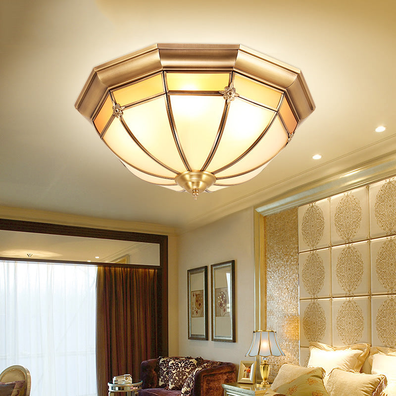 Traditional Chinese Copper Glass Round Flower Pattern 3/4/6 Light Flush Mount Ceiling Light for Living Room