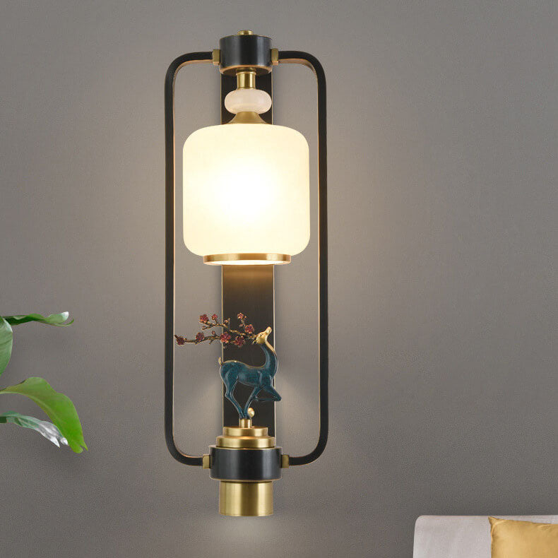 Modern Chinese Plum Deer Brass Glass Ring 2-Light Wall Sconce Lamp