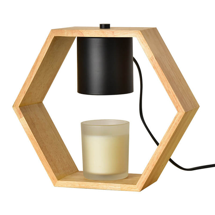Zeitgenössische nordische sechseckige Tischlampe aus Holz und Metall mit 1 Flamme und schmelzendem Wachs für das Schlafzimmer 