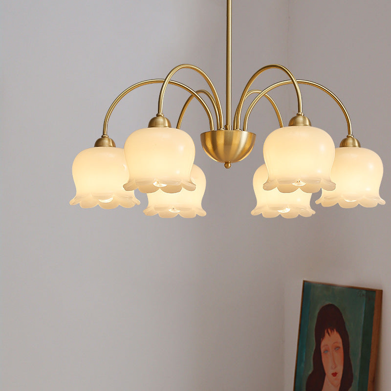 Lámpara de araña de vidrio de cobre con diseño floral crema tradicional francesa de 5/6/8 luces para sala de estar 