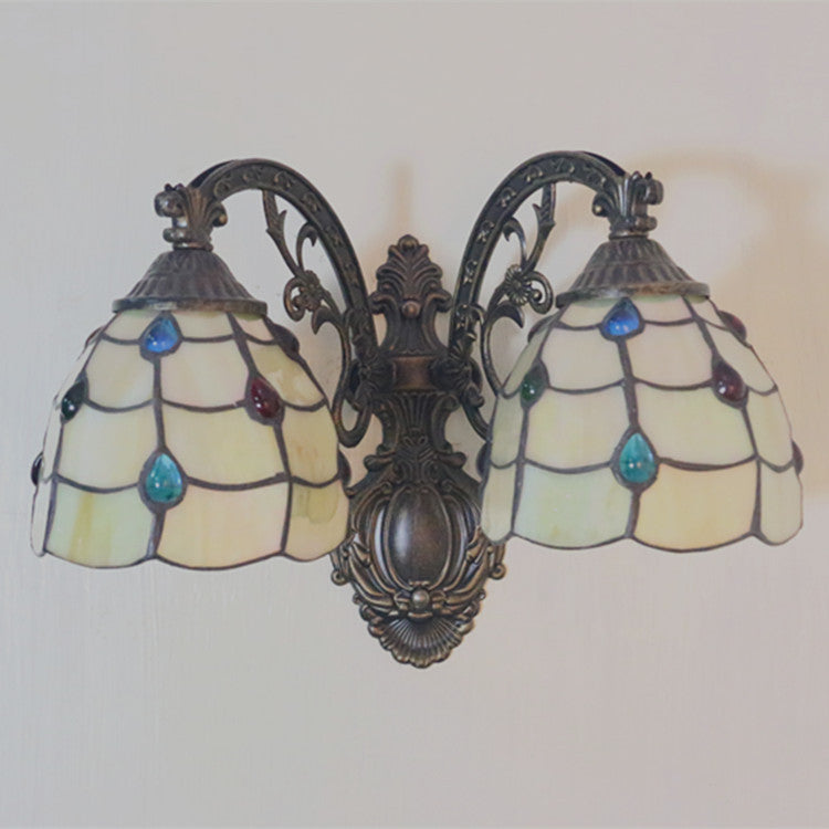 Vintage Tiffany Dome Stained Glass 2-Light Wall Sconce Lamp