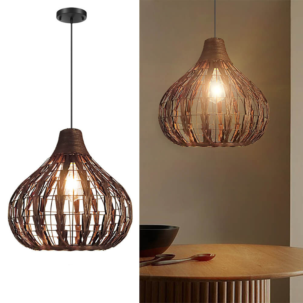 Suspension Luminaire Vintage Café Ovale en Rotin Tressé à 1 Lumière 