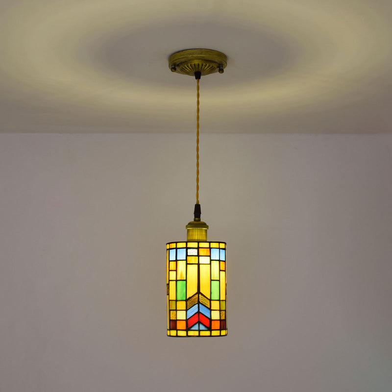 Tiffany Mediterranean Stained Glass Cylinder 1-Light Pendant Light