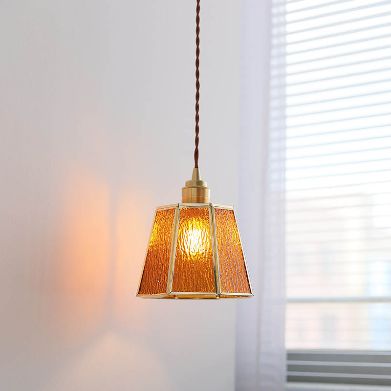 Moderno Arte Deco Vidrio de Grano de Agua Pantalla Poligonal Latón Lámpara Colgante de 1 Luz para Sala de Estar 
