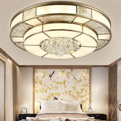 Luxury Chinese Round Crystal Brass LED Flush Mount Ceiling Light