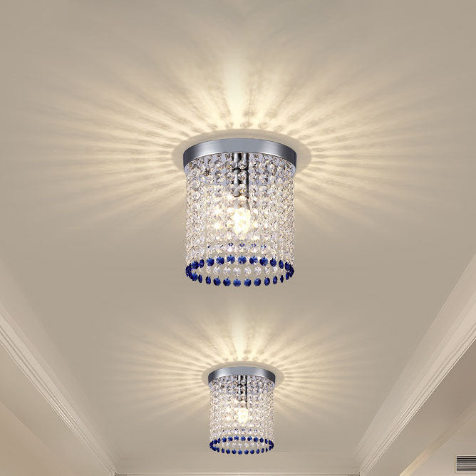 Modern Minimalist Crystal Bead Curtain Round 1-Light Semi-Flush Mount Ceiling Light For Hallway
