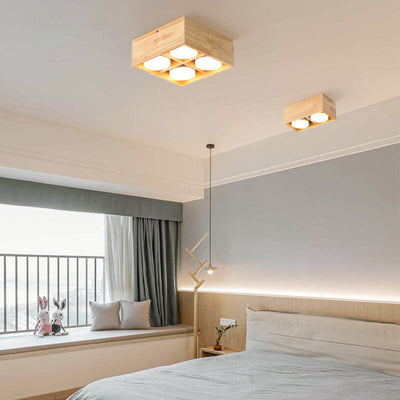 Japanese Minimalist Square Solid Wood Spotlight LED Flush Mount Ceiling Light