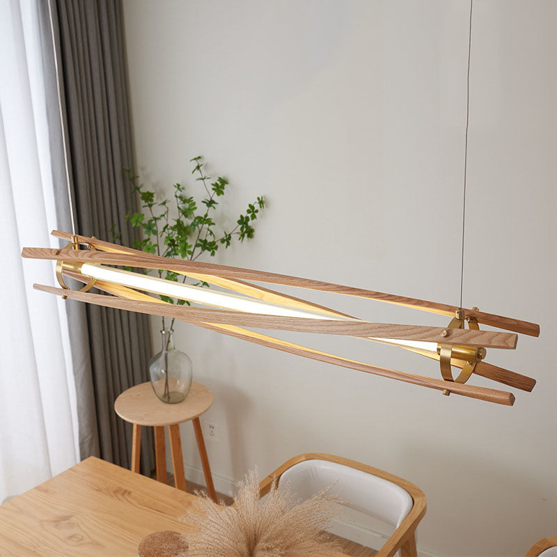 Lámpara colgante lineal LED para isla de estilo japonés tradicional, de columna larga tipo tronco, en madera de fresno y latón, para comedor 