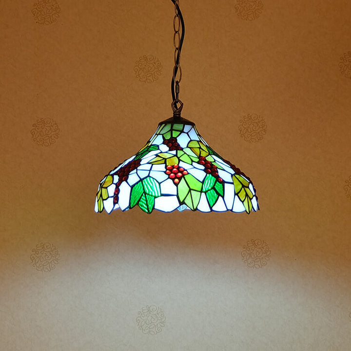 Traditional Tiffany Grape Fruit Stained Glass Iron 1-Light Pendant Light For Living Room