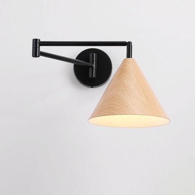 Nordic Minimalist Cone Swing Arm Wood Grain Iron 1-Light Wall Sconce Lamp