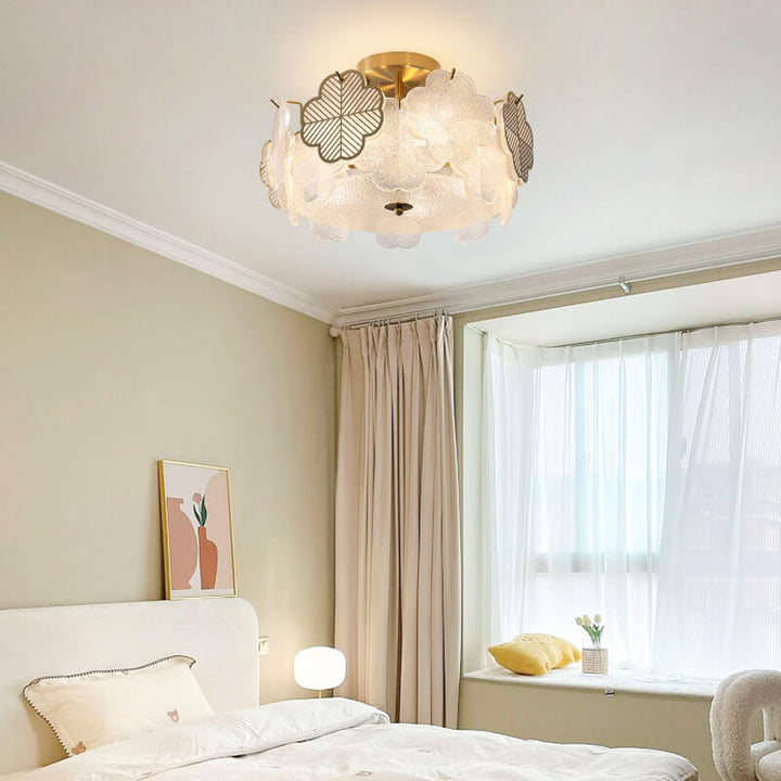 Traditional French Floral Glass Round Hardware 5/8 Light Semi-Flush Mount Ceiling Light for Living Room