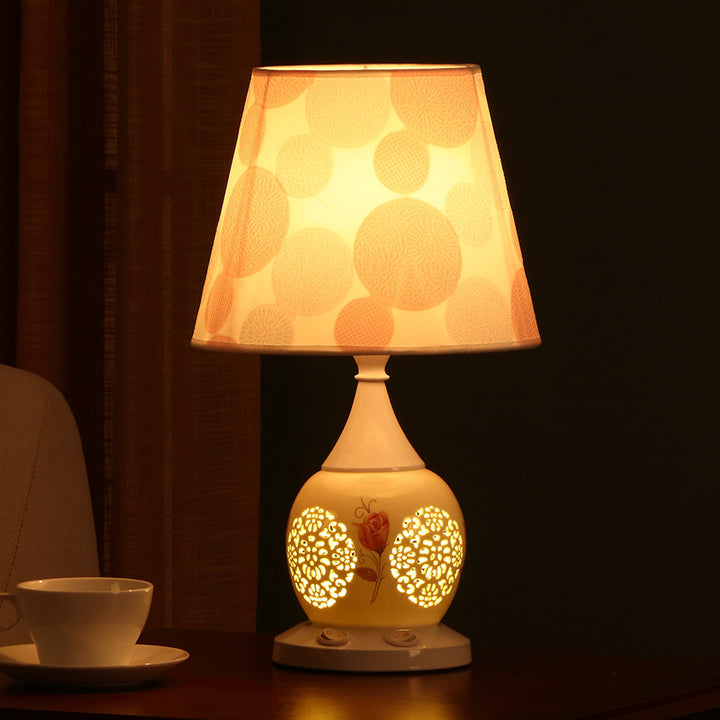 Traditional Chinese Ceramic Fabric Floral Cone 1-Light Table Lamp For Living Room &amp; Bedroom