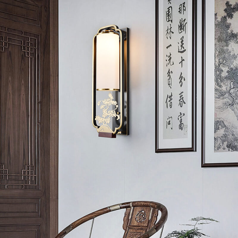 Modern New Chinese Copper Glass Column Ring 1-Light Wall Sconce Lamp