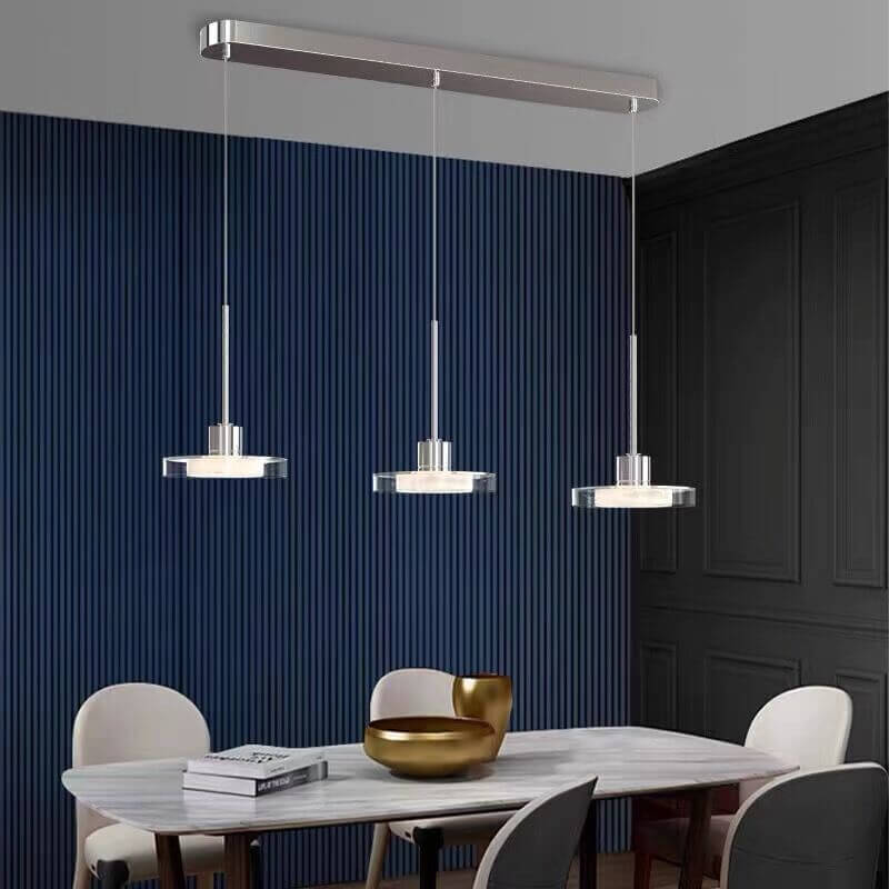 Zeitgenössische nordische rechteckige, runde Pendelleuchte aus Aluminium, Glas, Acryl und Edelstahl, 1/3 Licht LED-Inselleuchter für das Esszimmer 