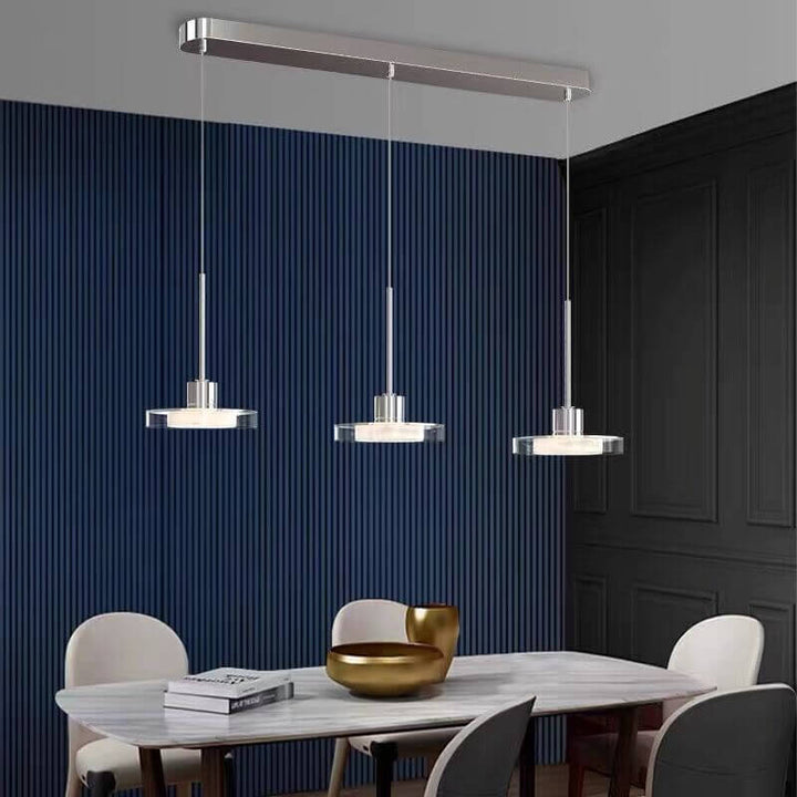 Zeitgenössische nordische rechteckige, runde Pendelleuchte aus Aluminium, Glas, Acryl und Edelstahl, 1/3 Licht LED-Inselleuchter für das Esszimmer 