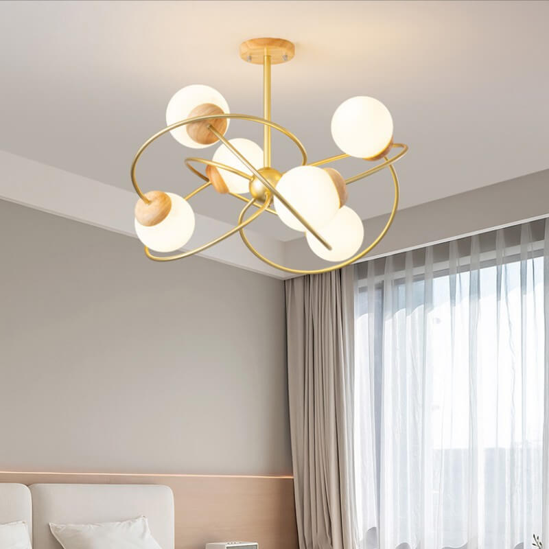 Moderner minimalistischer Orb Rubberwood Glas 4/6-Licht Insel Licht Kronleuchter 