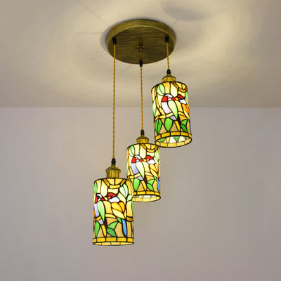 European Vintage Tiffany Cylindrical Iron Glass 3-Light Island Light Chandelier
