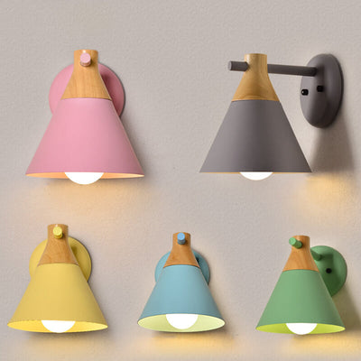 Nordic Solid Wood Macaron Cone Shade 1-Light  Wall Sconce Lamp