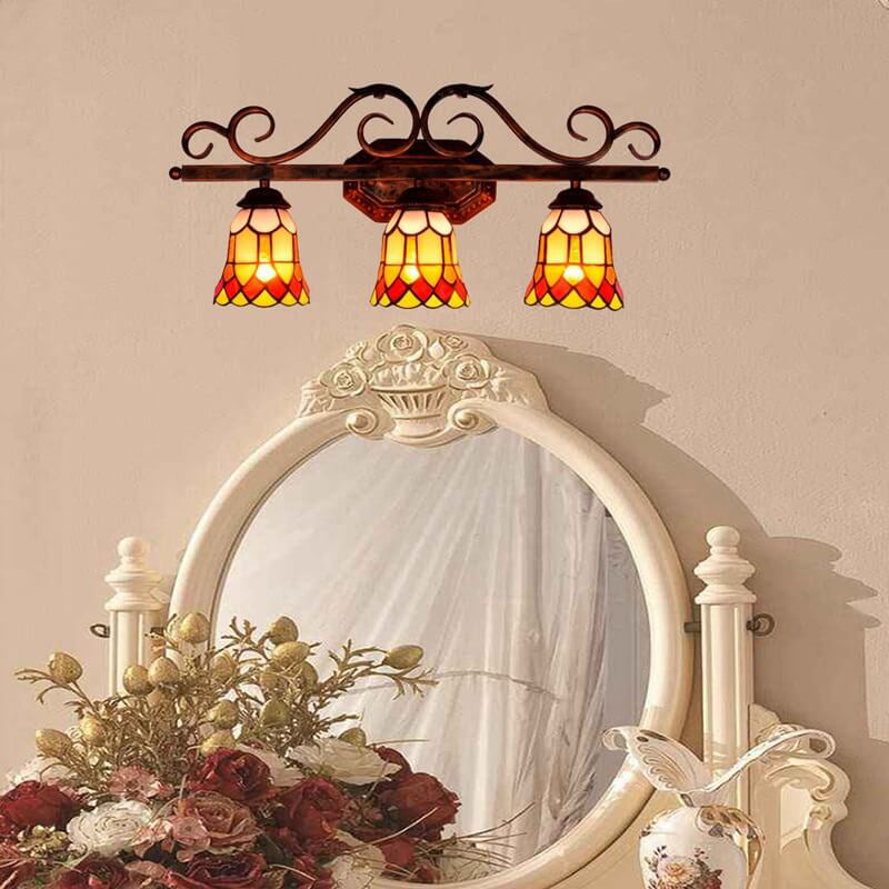 Traditional Tiffany European Vintage Stained Glass Mirror Front Light 3-Light Wall Sconce Lamp