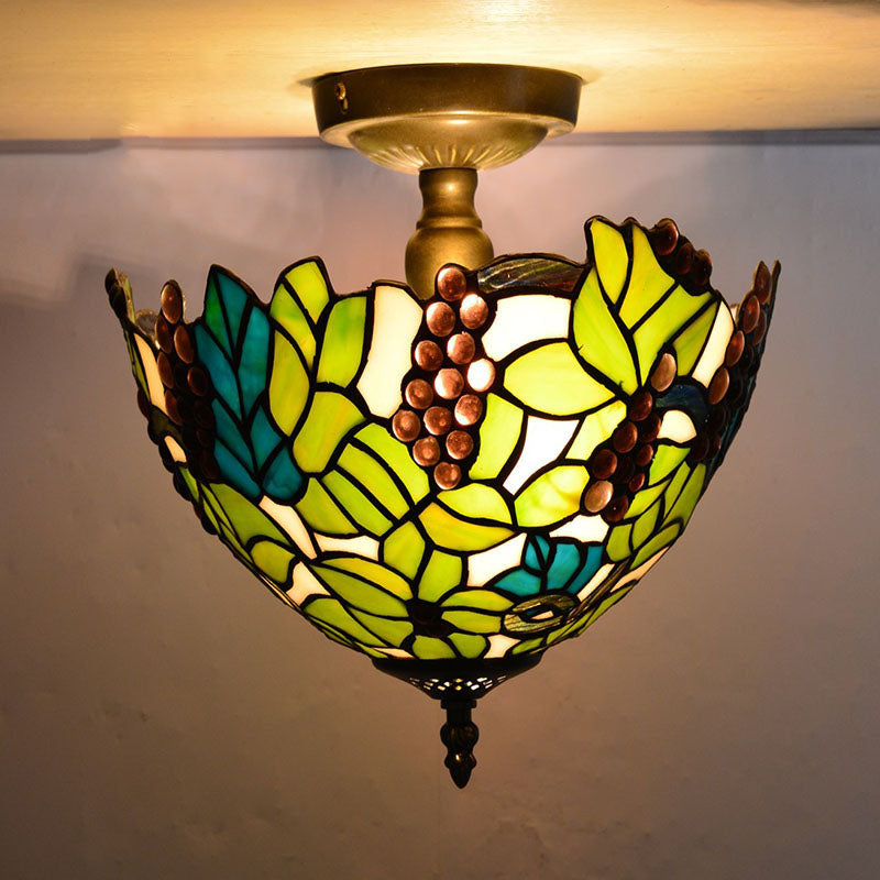 Vintage Tiffany Stained Glass Bowl 2-Light Semi-Flush Mount Ceiling Light